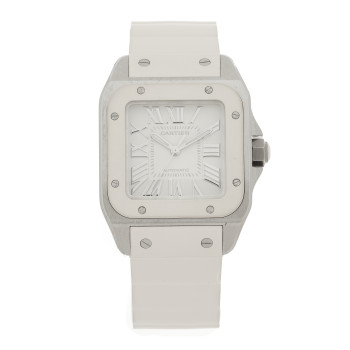 CARTIER Stainless Steel Rubber 33mm Santos 100 Automatic Watch White