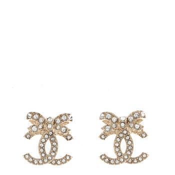 CHANEL Crystal CC Bow Dangle Earrings Gold