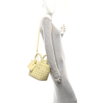BALENCIAGA Varnished Faux Calfskin Braided XS Bistro Basket Pale Yellow