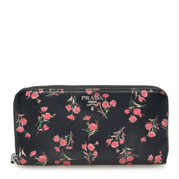 PRADA Saffiano Floral Print Zip Around Wallet Black