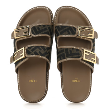 FENDI Fabric Jacquard Nappa FF Womens Fendi Feel Buckled Slide Sandals 39 Tobacco Black Miele Scuro