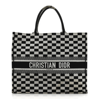 CHRISTIAN DIOR Canvas Embroidered Checkered Book Tote Black White