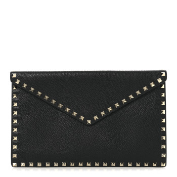 VALENTINO GARAVANI Pebbled Calfskin Large Rockstud Envelope Clutch Black