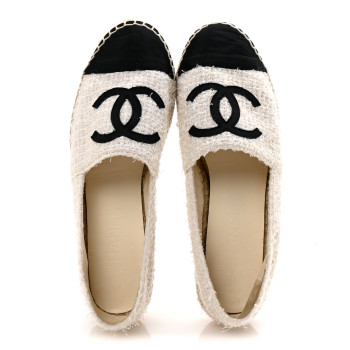 CHANEL Tweed Grosgrain CC Espadrilles 39 White Black