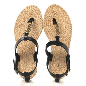 SAINT LAURENT Calfskin Raffia Cassandra Monogram Sandals 37.5 Black
