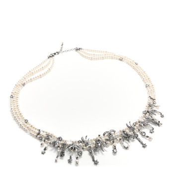 CHANEL Pearl Crystal CC Wing Star Belt 100 40 Ruthenium Pearly White