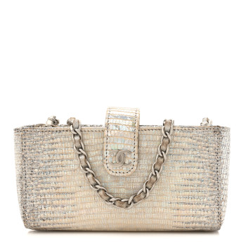 CHANEL Iridescent Lizard Phone Holder Crossbody Silver