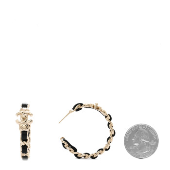 CHANEL Metal Lambskin Quilted CC Turnlock Chain Hoop Earrings Gold Black