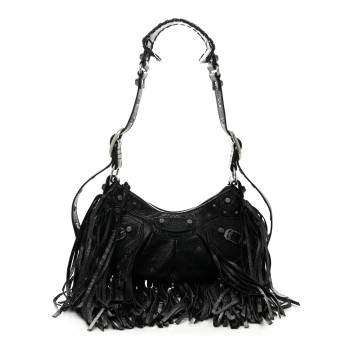 BALENCIAGA Agneau Arena Le Cagole Fringe Shoulder Bag XS Black