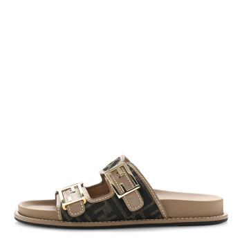 FENDI Fabric Jacquard Nappa FF Womens Fendi Feel Buckled Slide Sandals 39 Tobacco Black Miele Scuro