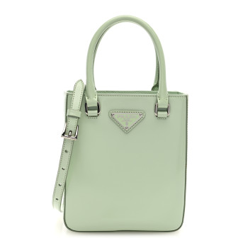 PRADA Spazzolato Metal Triangle Logo Small Double Handle Crossbody Tote Acqua