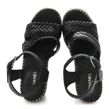 CHANEL Calfskin Quilted Chain Around Wedge Sandals 37 Black