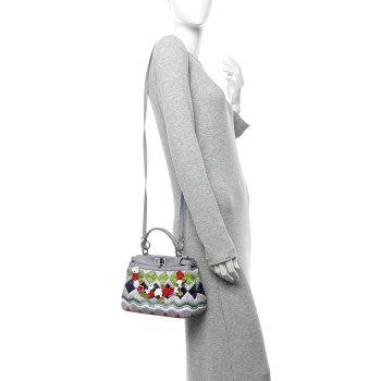 FENDI Nappa Raffia Embroidered Mini Peekaboo Iconic Satchel Grey Multicolor