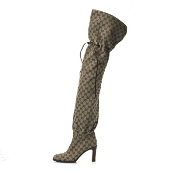 GUCCI Monogram Over the Knee Boots 38.5 Beige Ebony