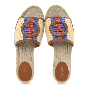 GUCCI Raffia Interlocking G Flat Slide Espadrille Sandals 40  Natural Harness Brown