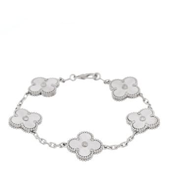 VAN CLEEF & ARPELS 18K White Gold 5 Motifs Guilloche Vintage Alhambra Bracelet