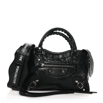 BALENCIAGA Agneau Classic Silver Hardware Mini City Logo Strap Black White