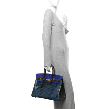 HERMES Shiny Porosus Crocodile Horseshoe Birkin 35 Havane Bleu Electrique Bleu Roi