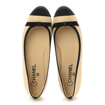 CHANEL Goatskin Cap Toe Bow CC Ballerina Flats 40 Beige Black