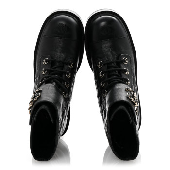 CHANEL Shiny Lambskin Quilted Lace Up Combat Boots 38 Black