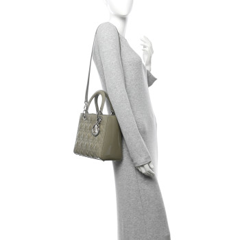 CHRISTIAN DIOR Patent Cannage Medium Lady Dior Grey