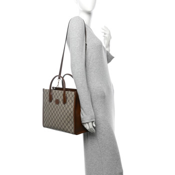 GUCCI GG Supreme Monogram Azalea Calfskin Small Retro Interlocking G Tote Bag Beige Ebony Brown Sugar