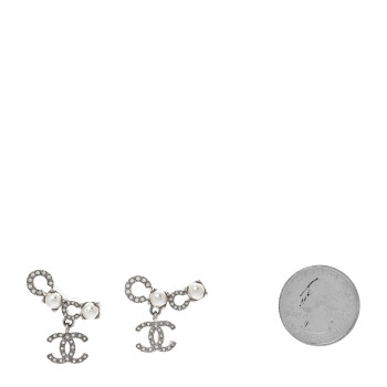 CHANEL Metal Crystal Pearl Coco CC Earrings Silver
