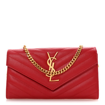 SAINT LAURENT Grain De Poudre Matelasse Chevron Small Monogram Chain Wallet Red