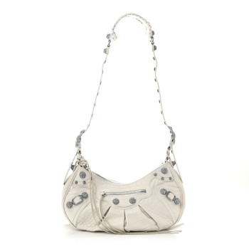 BALENCIAGA Extra Supple Calfskin Crocodile Embossed Small Le Cagole Shoulder Bag White