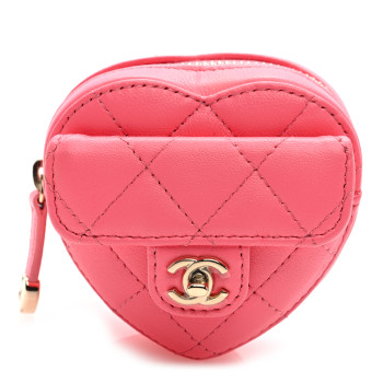 CHANEL Lambskin Quilted CC In Love Heart Zipped Arm Coin Purse Pink
