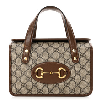 GUCCI GG Supreme Monogram Azalea Calfskin Mini Horsebit 1955 Foldover Top Handle Bag Beige Ebony Brown Sugar