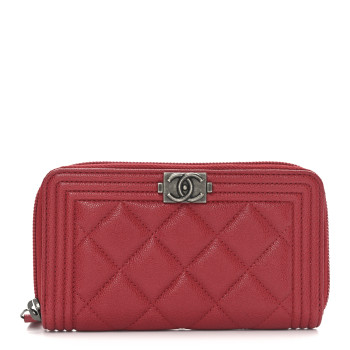 CHANEL Lambskin Quilted Small Boy Zip Around Wallet Red