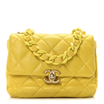 CHANEL Lambskin Quilted Mini Lacquered Chain Flap Yellow