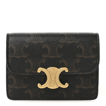 CELINE Triomphe Canvas Calfskin Flap Card Holder Tan