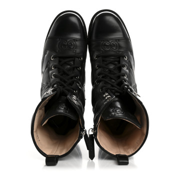 GUCCI Cordovan Lux Nappa GG Matelasse Lace Up 60mm Combat Boots 38.5 Black
