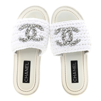 CHANEL Raffia Crystal CC Mules Sandals 39 White