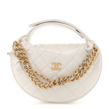 CHANEL Shiny Caviar Quilted Bow Pouch Hobo White