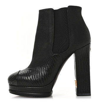 CHANEL Wax Suede Wood Effect Calfskin Platform Ankle Boots 37.5 Black
