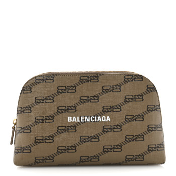 BALENCIAGA Coated Canvas BB Monogram Signature Toiletry Pouch Beige Brown