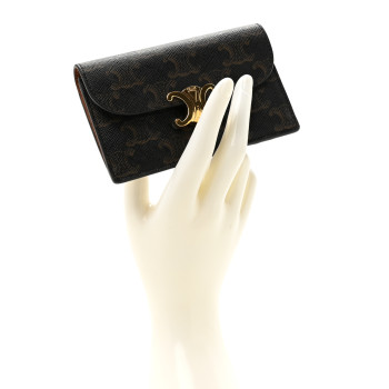CELINE Triomphe Canvas Calfskin Flap Long Card Holder Tan