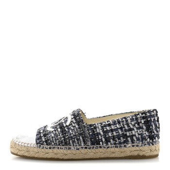 CHANEL Metallic Tweed Lambskin CC Espadrilles 39 Blue Black Silver