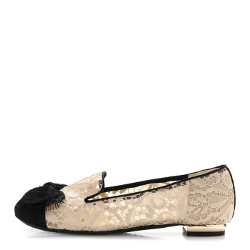 CHANEL Lace Cap Toe CC Flats 36.5 Beige Black