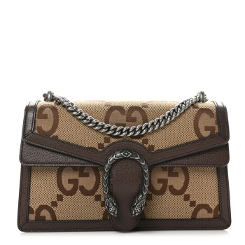 GUCCI Monogram Jumbo GG Textured Dollar Calfskin Small Dionysus Shoulder Bag Camel Ebony New Acero