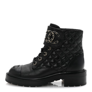 CHANEL Shiny Lambskin Quilted Lace Up Combat Boots 38 Black