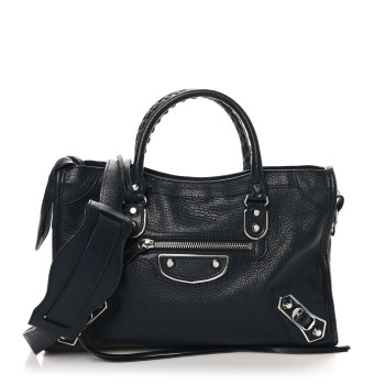 BALENCIAGA Chevre Silver Metallic Edge Hardware S City Bleu Nuit Dark Sea