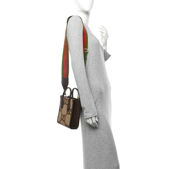 GUCCI Monogram Jumbo GG Textured Dollar Calfskin Web Mini Vertical Tote Camel Ebony New Acero