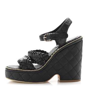CHANEL Calfskin Quilted Chain Around Wedge Sandals 37 Black