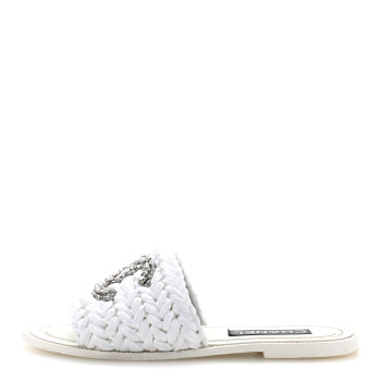 CHANEL Raffia Crystal CC Mules Sandals 39 White