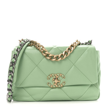 CHANEL Goatskin Quilted Medium Chanel 19 Flap Light Green