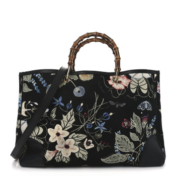 GUCCI Canvas Cellarius Calfskin Flora Knight Large Bamboo Shopper Tote Black